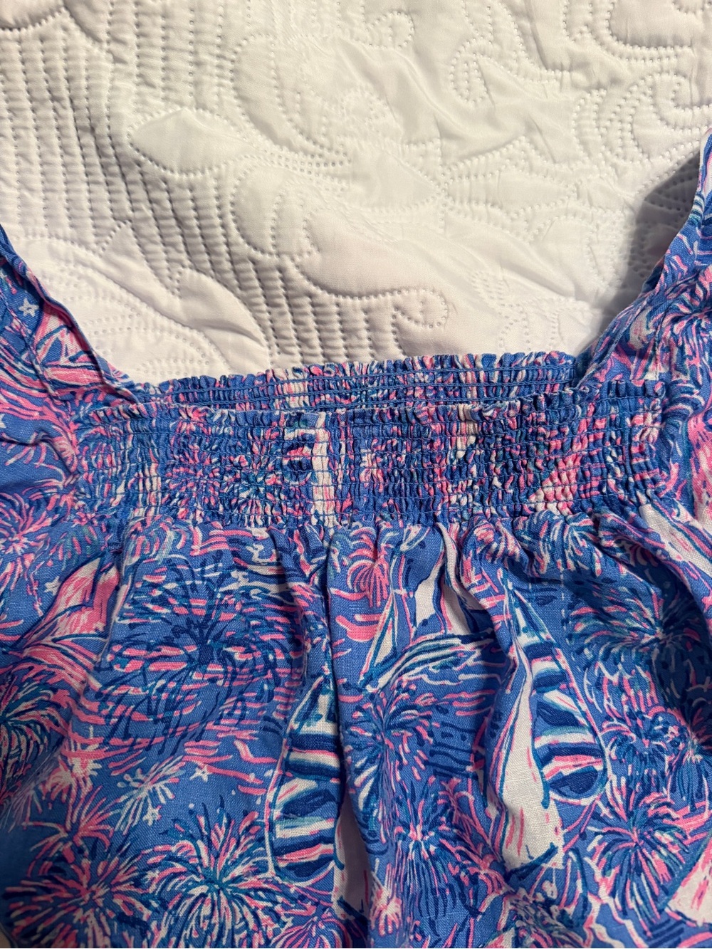 Lilly Pulitzer Blue & Pink Sailboat Smocked Off (or On) Shoulder Top - Picture 4 of 12